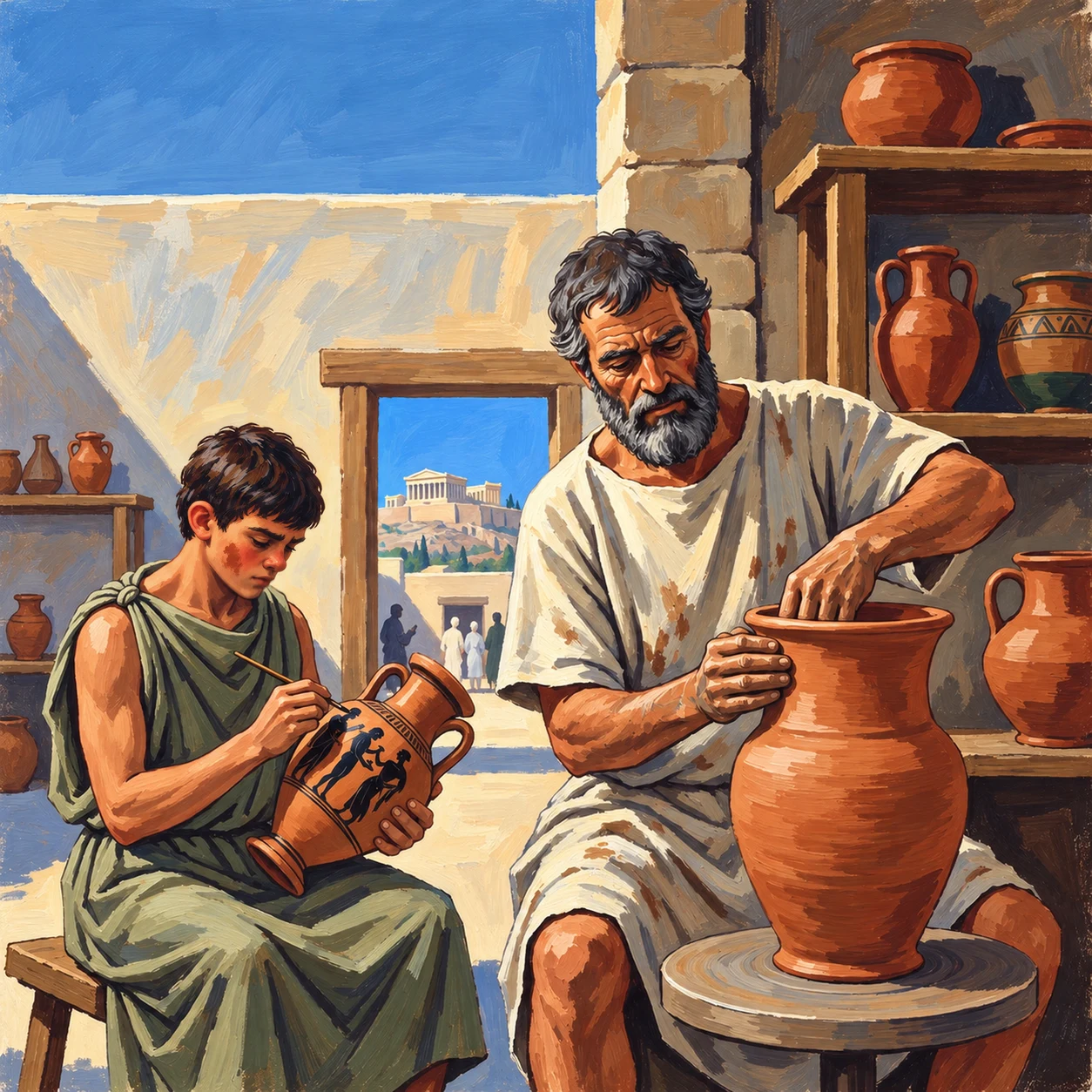 Athenian craftspeople at work beneath the Acropolis