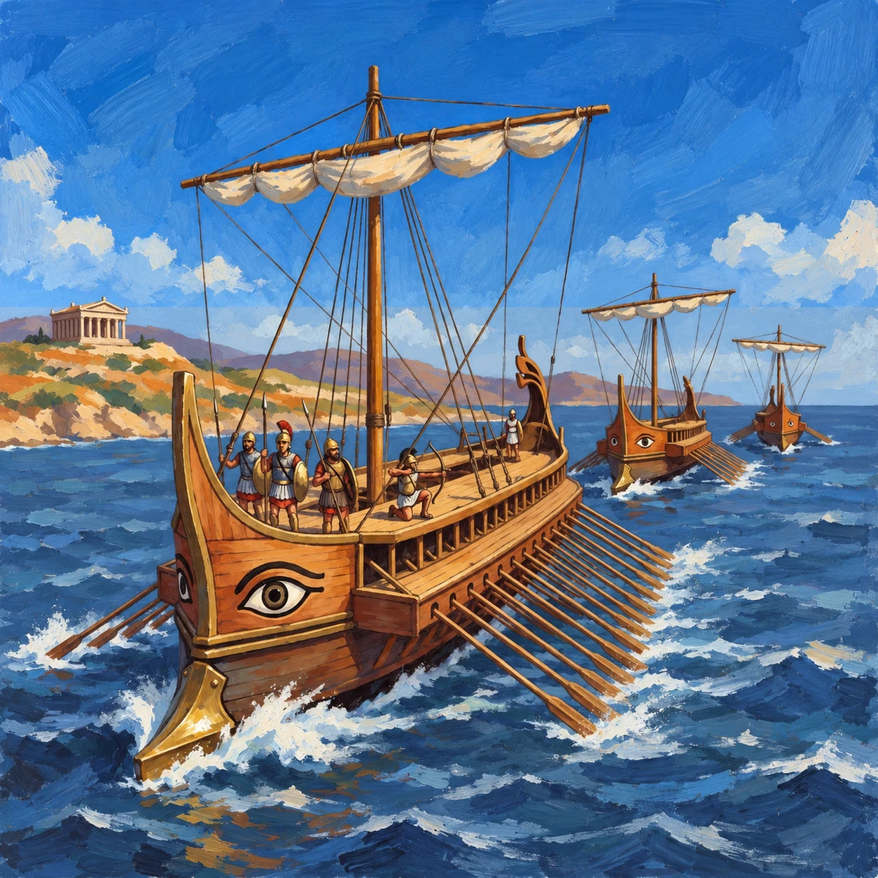 Athenian ships facing pressure from Sparta and Persia